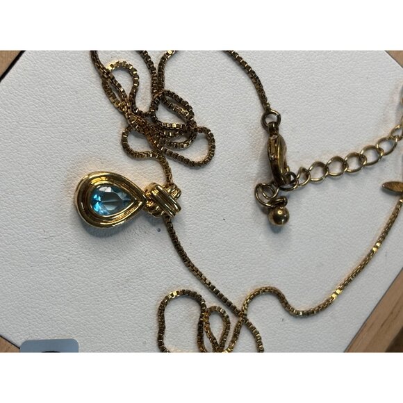 Avon Gold-Tone Necklace With Teardrop Blue Crystal Pendant - Picture 4 of 8
